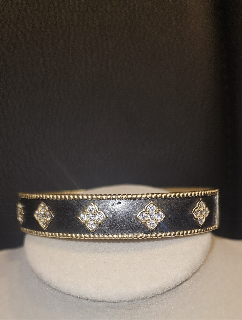 Black and Gold Clover Bangle  with Gold Accents and Crystal